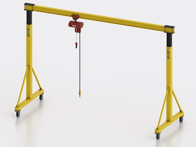 Yellow Wheeled Gantry Crane Industrial Equipment With Red Hoist And Mobile Lifting Structure 3d model