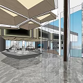 Modern Sales Office Interior Design With Large Windows Sofas And Wooden Tables
