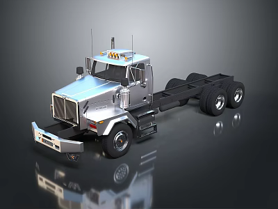 Silver Heavy Duty Truck With Flatbed Chassis Roof Warning Lights Reflective Surface And Multiple Wheels 3d model