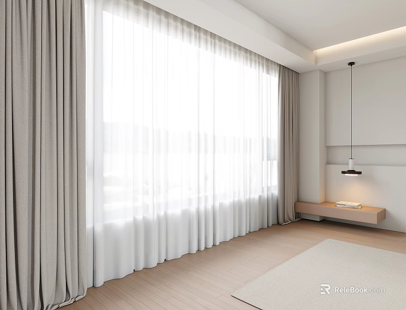 Modern Gray And White Sheer Window Curtains In Bright Living Room With Natural Light 3d model 