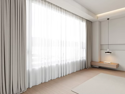 Modern Gray And White Sheer Window Curtains In Bright Living Room With Natural Light 3d model