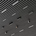 Modern Black Slat Grid Ceiling Interior Design Featuring Recessed Downlights And Spotlights 3d model