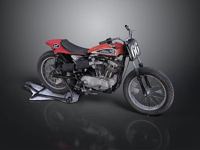 Vintage Red Motorcycle Display With Number 66 Black Seat And Stand On Gray Background 3d model
