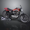 Vintage Red Motorcycle Display With Number 66 Black Seat And Stand On Gray Background