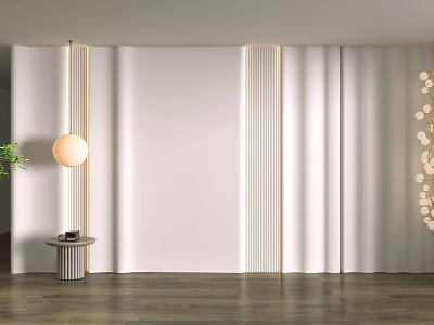 Minimalist White Bedroom Accent Wall With Striped Detailing Wooden Flooring And Table Lamp 3d model