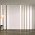 Minimalist White Bedroom Accent Wall With Striped Detailing Wooden Flooring And Table Lamp