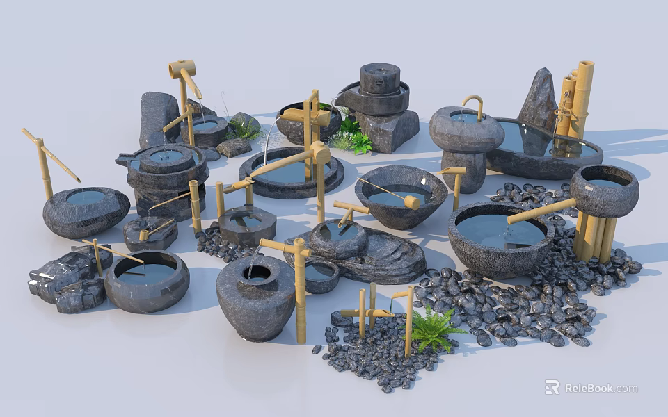 Garden Ornaments With Stone Basins Wooden Well Shaped Decorations Bamboo Small Stones And Green Plants 3d model 
