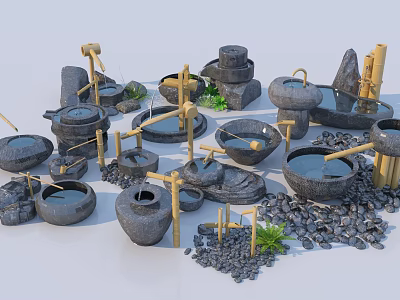 Garden Ornaments With Stone Basins Wooden Well Shaped Decorations Bamboo Small Stones And Green Plants 3d model