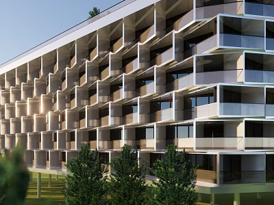 Modern Office Building Exterior Design With Multiple Balconies Glass Railings And Greenery 3d model