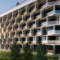 Modern Office Building Exterior Design With Multiple Balconies Glass Railings And Greenery