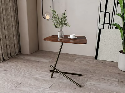Modern Living Room Side Table With Wooden Top And Metal Cross Legs And Green Plant 3d model