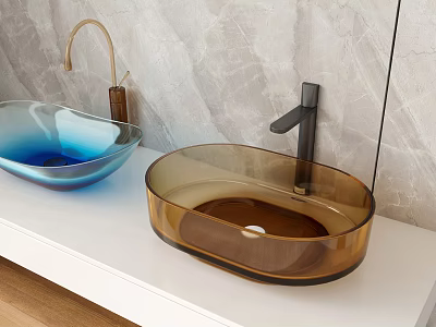 Blue Brown Oval Glass Washbasins On White Countertop With Marble Wall And Metal Faucets 3d model