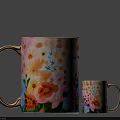 Vibrant Floral Pattern Ceramic Mugs With Gold Handle Large And Small Size 3d model