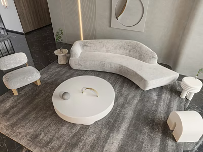 Modern Curved Velvet Sofa With Round White Coffee Table Accent Chair And Gray Rug 3d model
