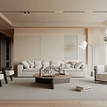 Modern Living Room Interior With Beige Sofa Round Coffee Table Floor Lamp And Plants