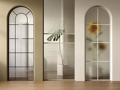 Elegant Arched Glass Room Dividers With Grid Striped And Sunflower Patterns 3d model