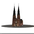 Ancient Red Brick Building With Twin Spires And Clock Tower Gothic Design 3d model