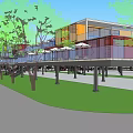 Colorful Container Commercial Street Design With Trees Pedestrians And Parking Area