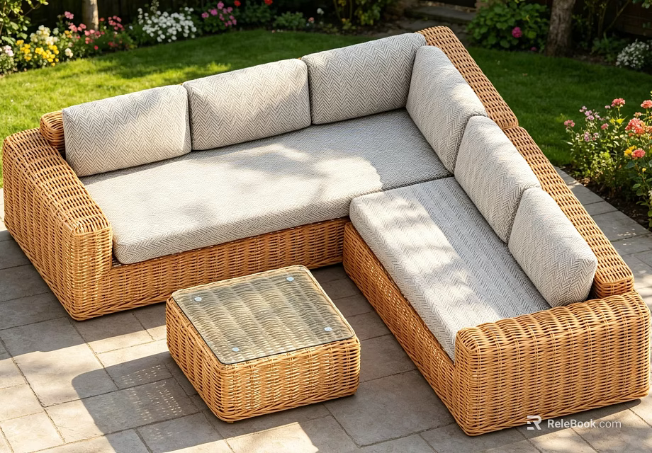 Outdoor Wicker Sofa And Coffee Table Set With Light Gray Cushions Glass Top Stone Patio 3d model 