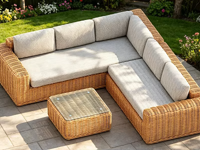 Outdoor Wicker Sofa And Coffee Table Set With Light Gray Cushions Glass Top Stone Patio 3d model