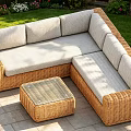 Outdoor Wicker Sofa And Coffee Table Set With Light Gray Cushions Glass Top Stone Patio