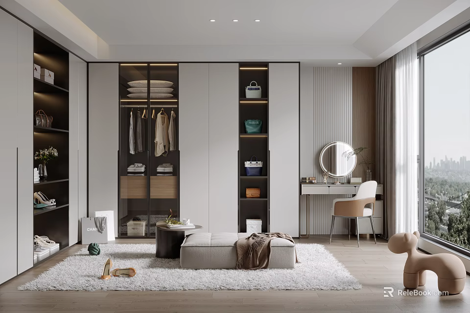 Modern Walk-in Closet Interior Design With Hanging Clothes And Dressing Mirror 3d model 