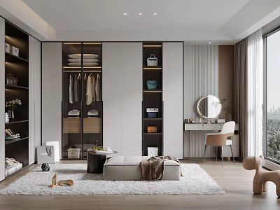 Modern Walk-in Closet Interior Design With Hanging Clothes And Dressing Mirror 3d model