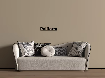 Poliform Two Seater Sofa with Various Patterned Cushions on Beige Wall Wooden Floor 3d model
