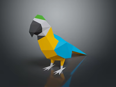Low Poly Parrot with Blue Yellow Green and White Feathers in 3D Geometric Design 3d model