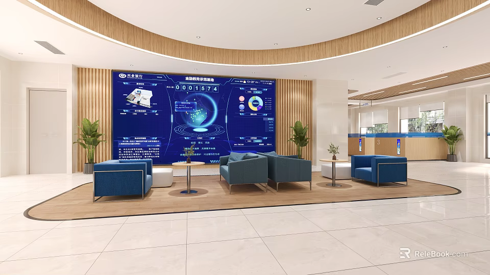 Modern Hotel Lobby With Large Blue Digital Screen Blue Sofas Wooden Decor And Green Plants 3d model 
