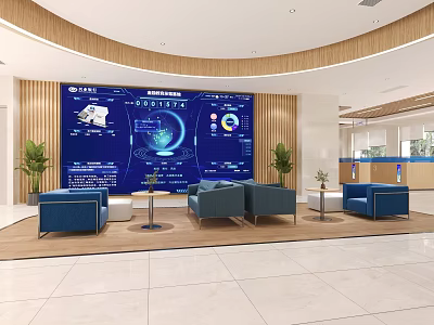 Modern Hotel Lobby With Large Blue Digital Screen Blue Sofas Wooden Decor And Green Plants 3d model