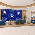Modern Hotel Lobby With Large Blue Digital Screen Blue Sofas Wooden Decor And Green Plants