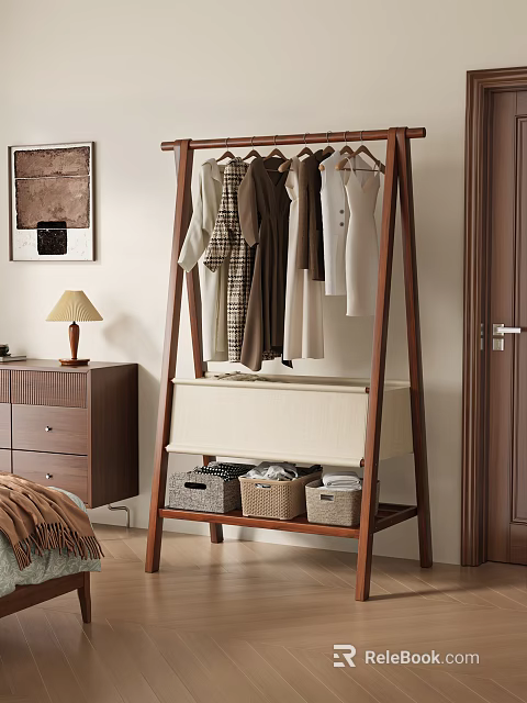 Wooden Clothes Rack With Hanging Dresses Shirts And Storage Baskets In Bedroom 3d model 