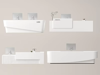 Various Modern Reception Desk Styles With White Finish Monitor And Decorative Plants 3d model