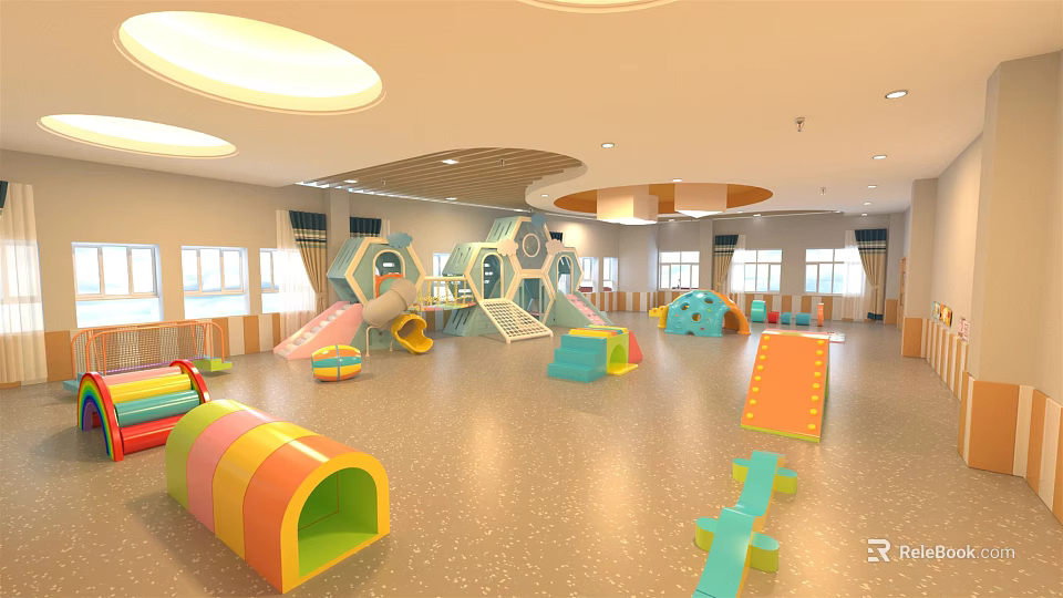 Colorful Kindergarten Indoor Play Area With Slide Climbing Structures And Toys 3d model 