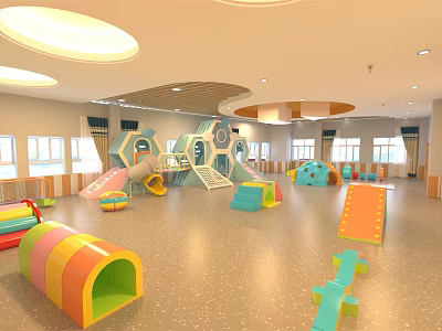 Colorful Kindergarten Indoor Play Area With Slide Climbing Structures And Toys 3d model