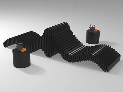 Black Wavy Single Chair With Two Black Cylindrical Objects And Orange Decorations 3d model