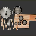 Essential Kitchen Tools Set Pot Lid Stainless Steel Bowl Wooden Spoons Knives Cutting Board