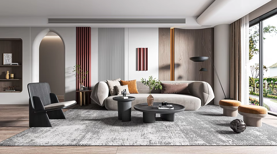 Modern Living Room Interior Design With Beige Sofa Coffee Tables Striped Walls And Artwork 3d model 