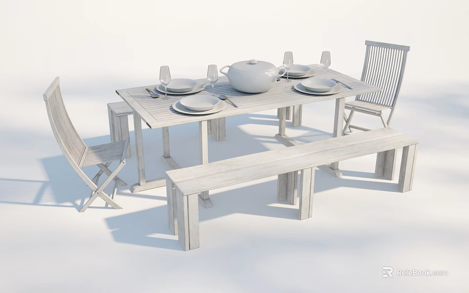 Light Wooden Outdoor Table with Chairs Bench Dinnerware and Teapot for Outdoor Use 3d model 