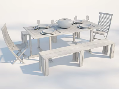 Light Wooden Outdoor Table with Chairs Bench Dinnerware and Teapot for Outdoor Use 3d model