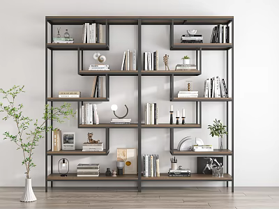 Modern Multi Layer Shelf in Living Room with Books Decorative Items and Small Plants 3d model
