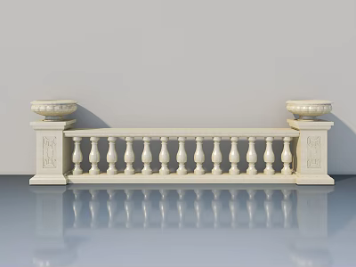 Stylish White Swing Door With Ornate Balustrade Flower Pots And Reflective Floor 3d model
