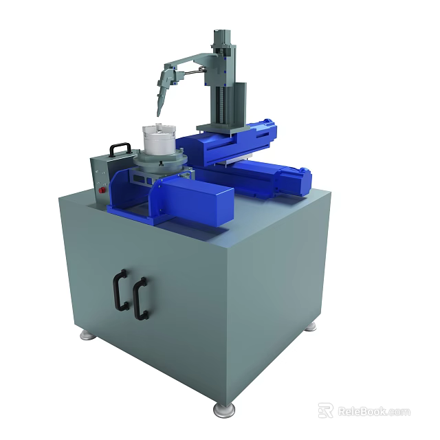 Automated Industrial Machine With Robotic Arm Blue Components Gray Base And White Container 3d model 