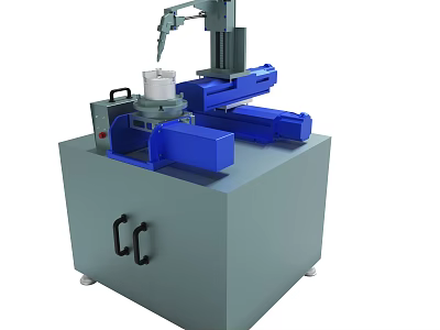 Automated Industrial Machine With Robotic Arm Blue Components Gray Base And White Container 3d model