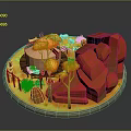 Scenic Landscape Featuring Red Rocks Orange Trees Green Plants And Round Structure On Yellow Ground