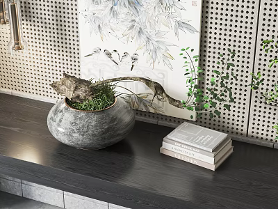 Bonsai Plant In Gray Pot On Dark Wooden Shelf With Stacked Books And Decorative Painting 3d model