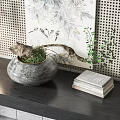 Bonsai Plant In Gray Pot On Dark Wooden Shelf With Stacked Books And Decorative Painting