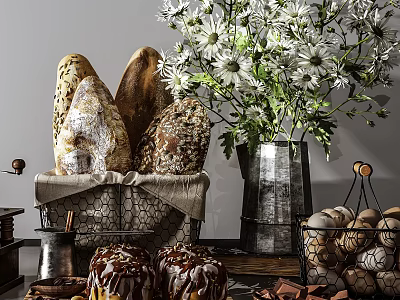 Assorted Breads And Chocolate Pastries With Daisy Vase And Baskets 3d model
