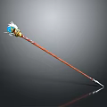 Fantasy Magic Staff With Blue Gemstone White Decorations Red Wooden Shaft And Metal Tip